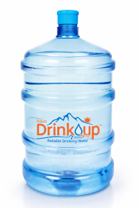 Clear blue water jug with label